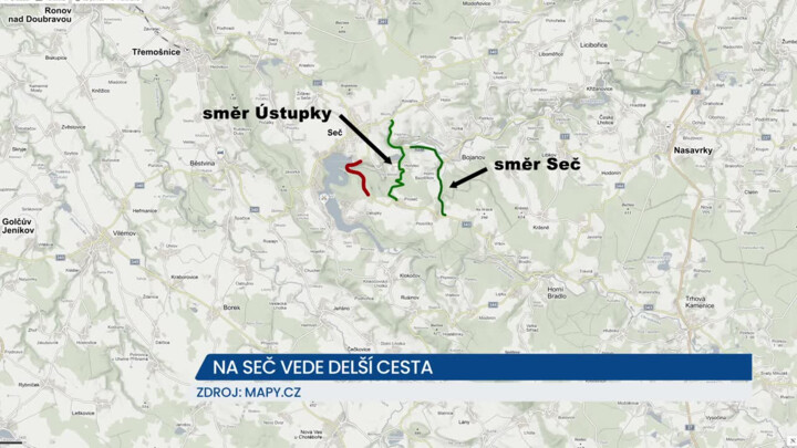 Silnice II/343 do rekreační oblasti Ústupky na Seči je uzavřená, řidiči musí delší cestou