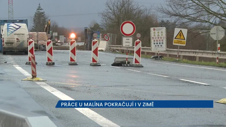 Práce u Malína pokračují i v zimě, jezdí se po obousměrné provizorní komunikaci